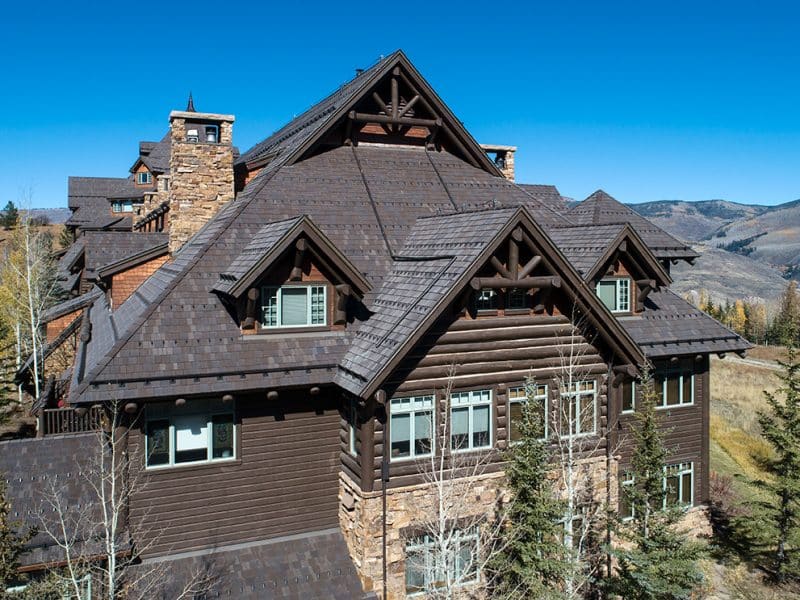 The fire-resistant synthetic shake installed at Horizon Pass Lodge dramatically reduces risk from wildfires and flame spread.