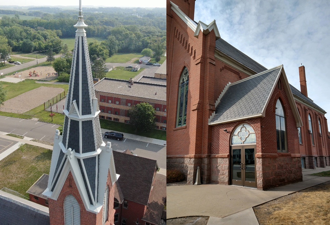 This synthetic slate steeple restoration restored this historic church to its original beauty. 